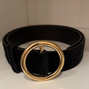 Frame O Ring Black Haircalf Belt with Gold Round Buckle - Women Accessories